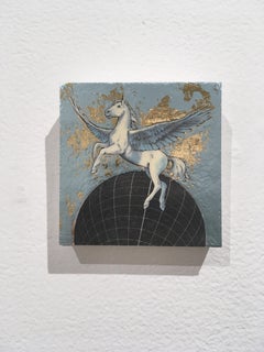 Celestial Pegasus, oil, metal foil, wood, mythical creature, figurative, animal