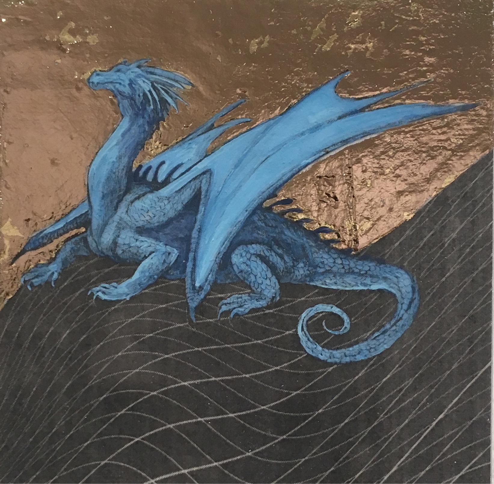 Cerulean Dragon, oil, metal foil, wood, mythical creature, figurative, animal  - Mixed Media Art by Alexis Kandra