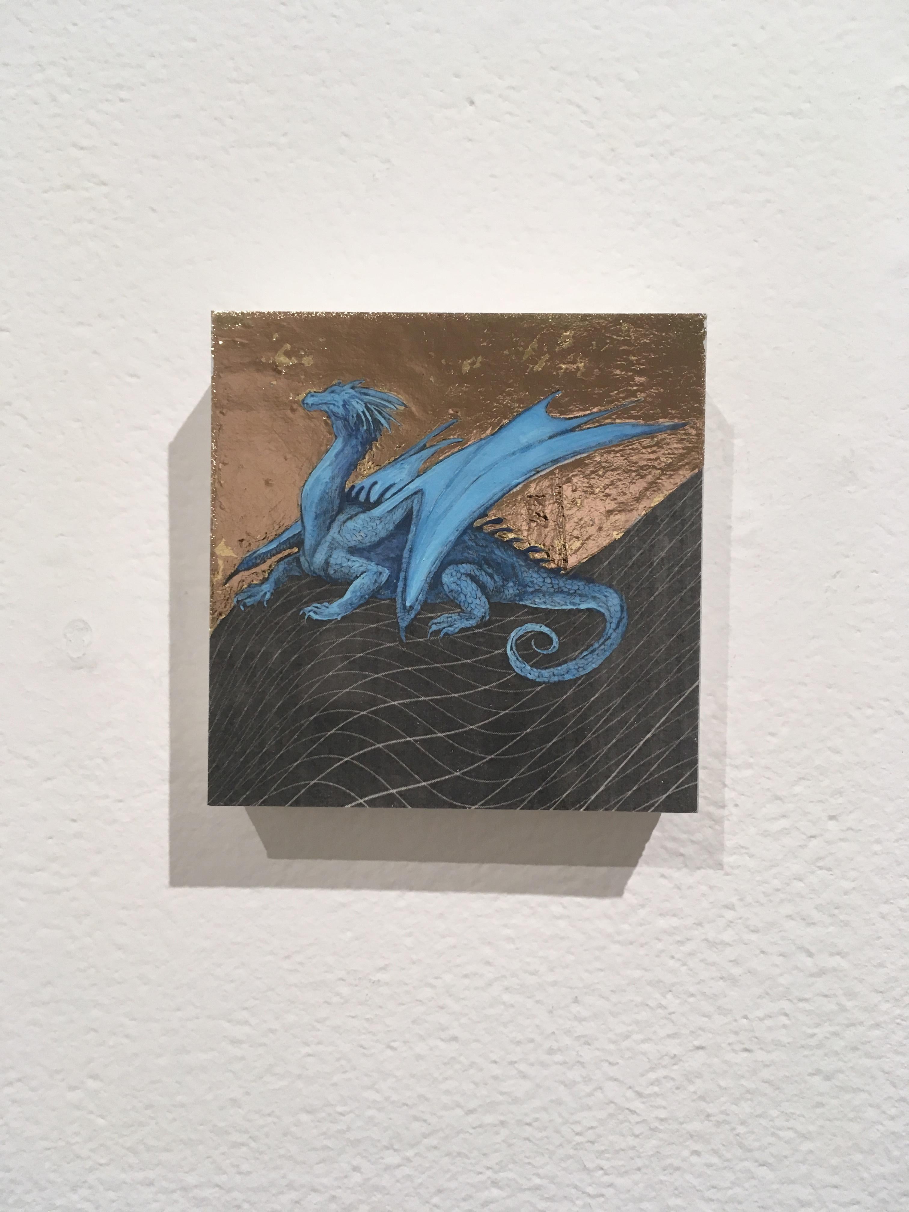 Cerulean Dragon, oil, metal foil, wood, mythical creature, figurative, animal  - Contemporary Mixed Media Art by Alexis Kandra