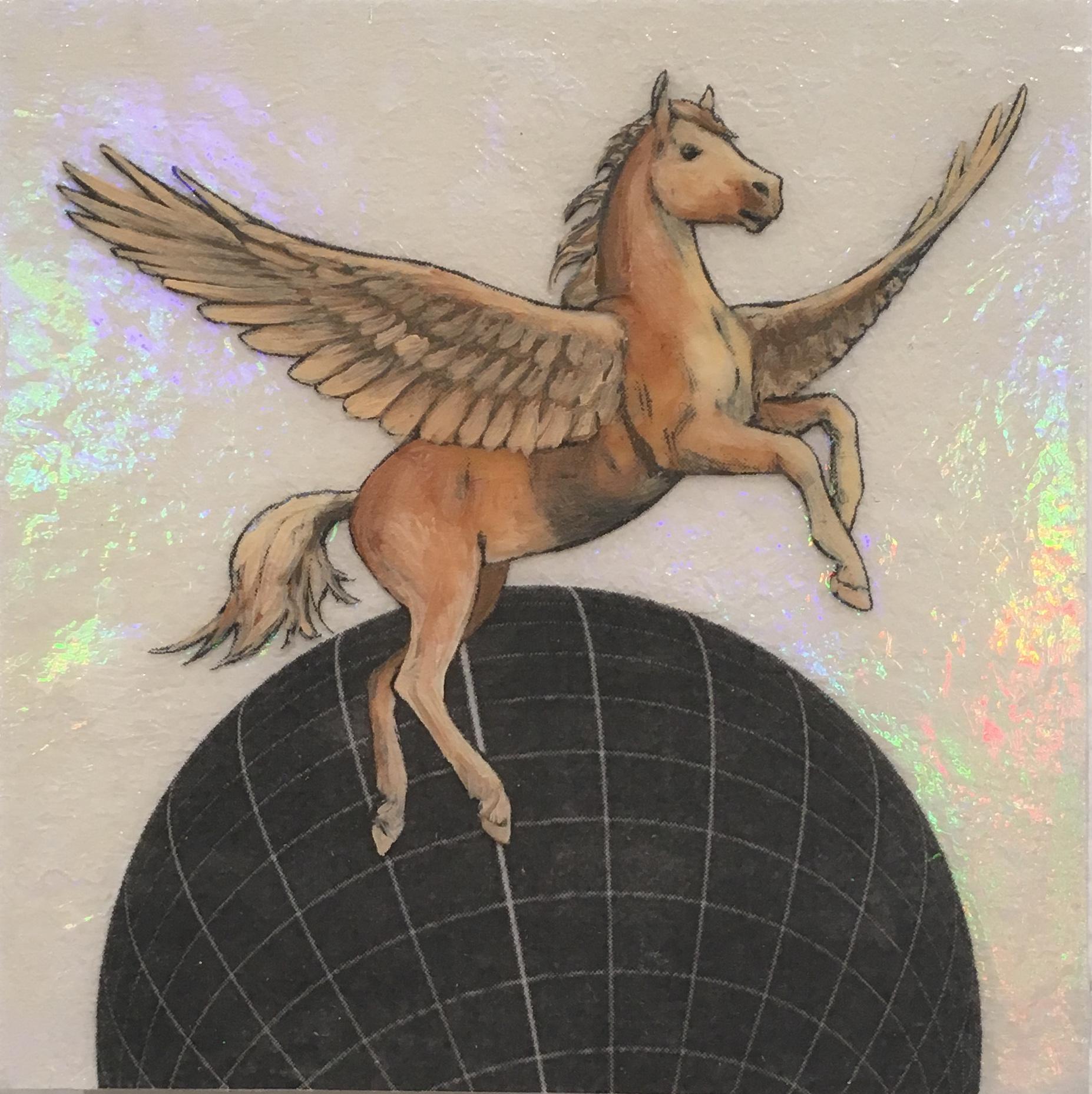 Earthen Pegasus, oil, holographic foil, mythical creature, figurative, animal  - Contemporary Mixed Media Art by Alexis Kandra