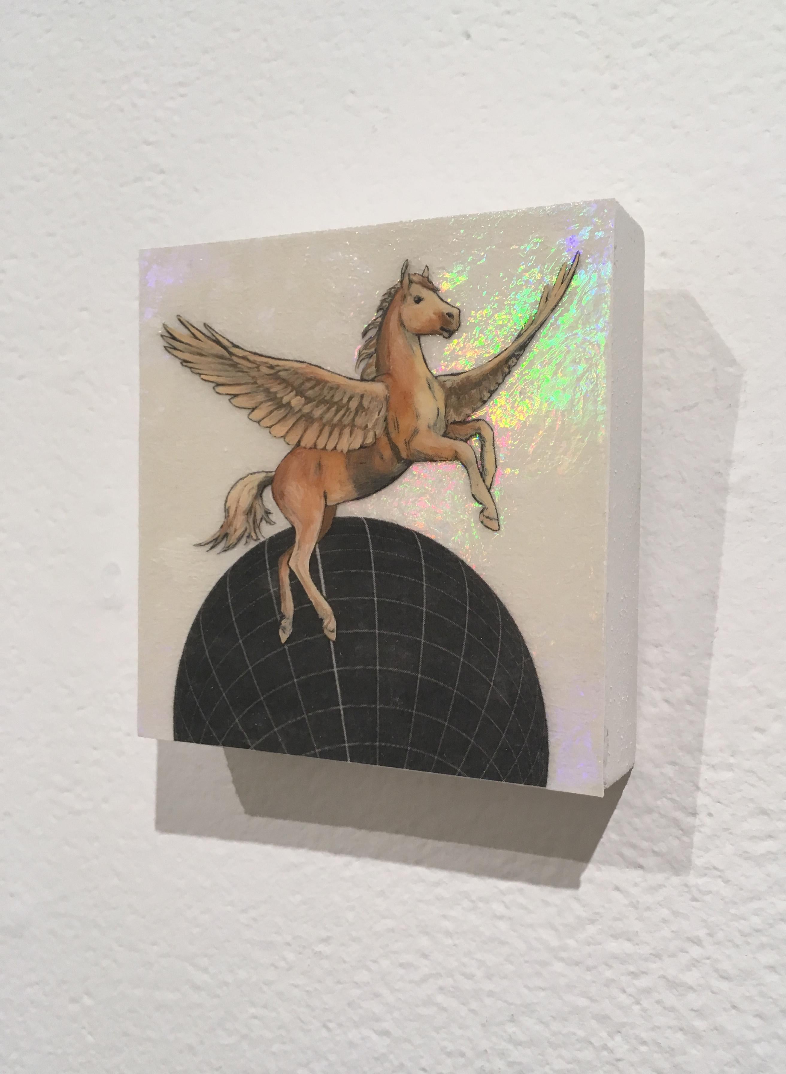 Earthen Pegasus, oil, holographic foil, mythical creature, figurative, animal  1