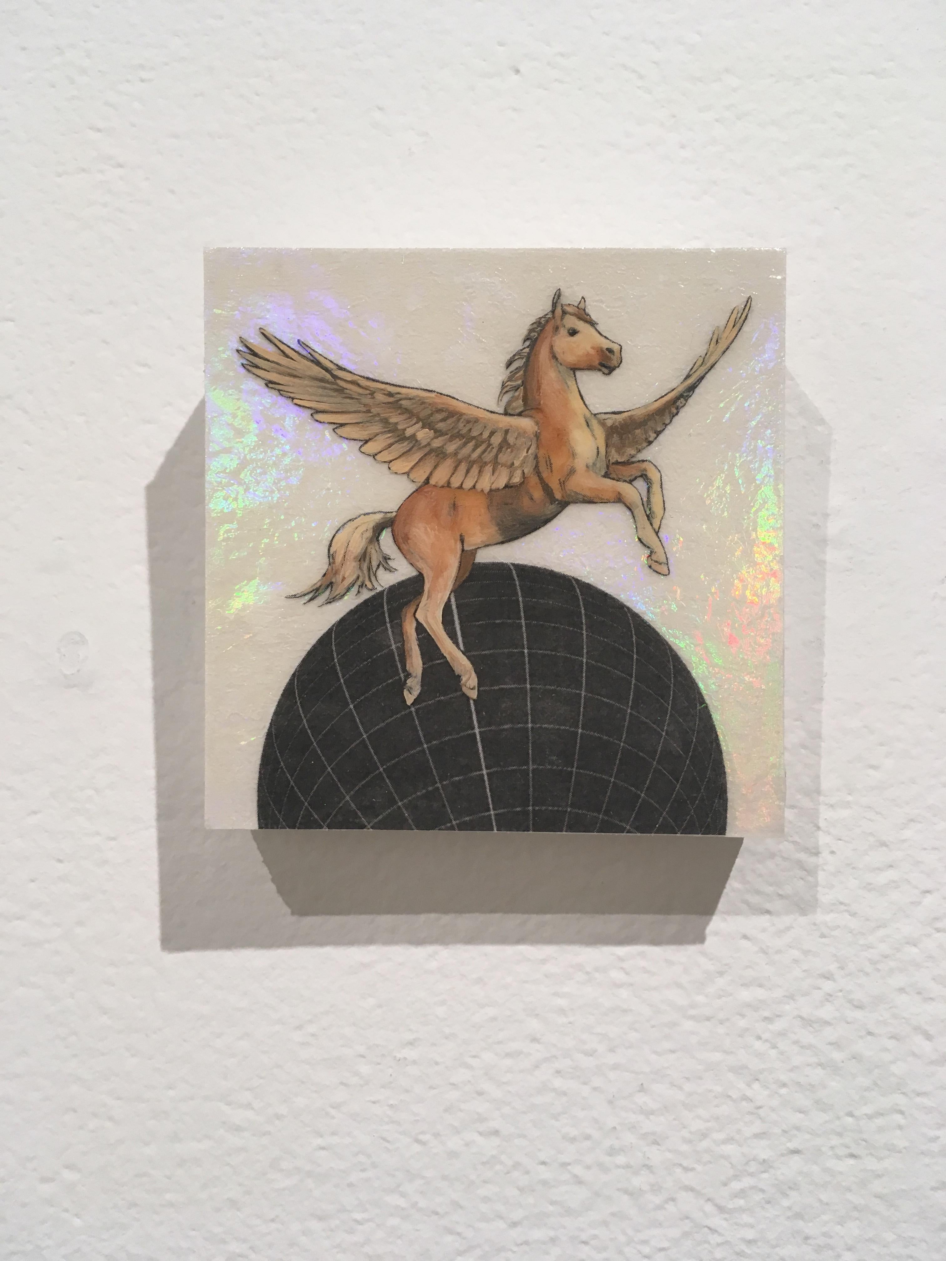 Earthen Pegasus, oil, holographic foil, mythical creature, figurative, animal  - Mixed Media Art by Alexis Kandra