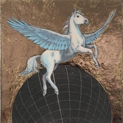 Flying Pegasus, oil, metal foil, on wood, mythical creature, figurative, animal
