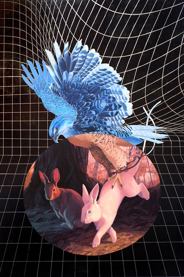 Alexis Kandra Figurative Painting - From Above (2015), forest animals, bird, rabbit, hunting, dark colors, grid, oil