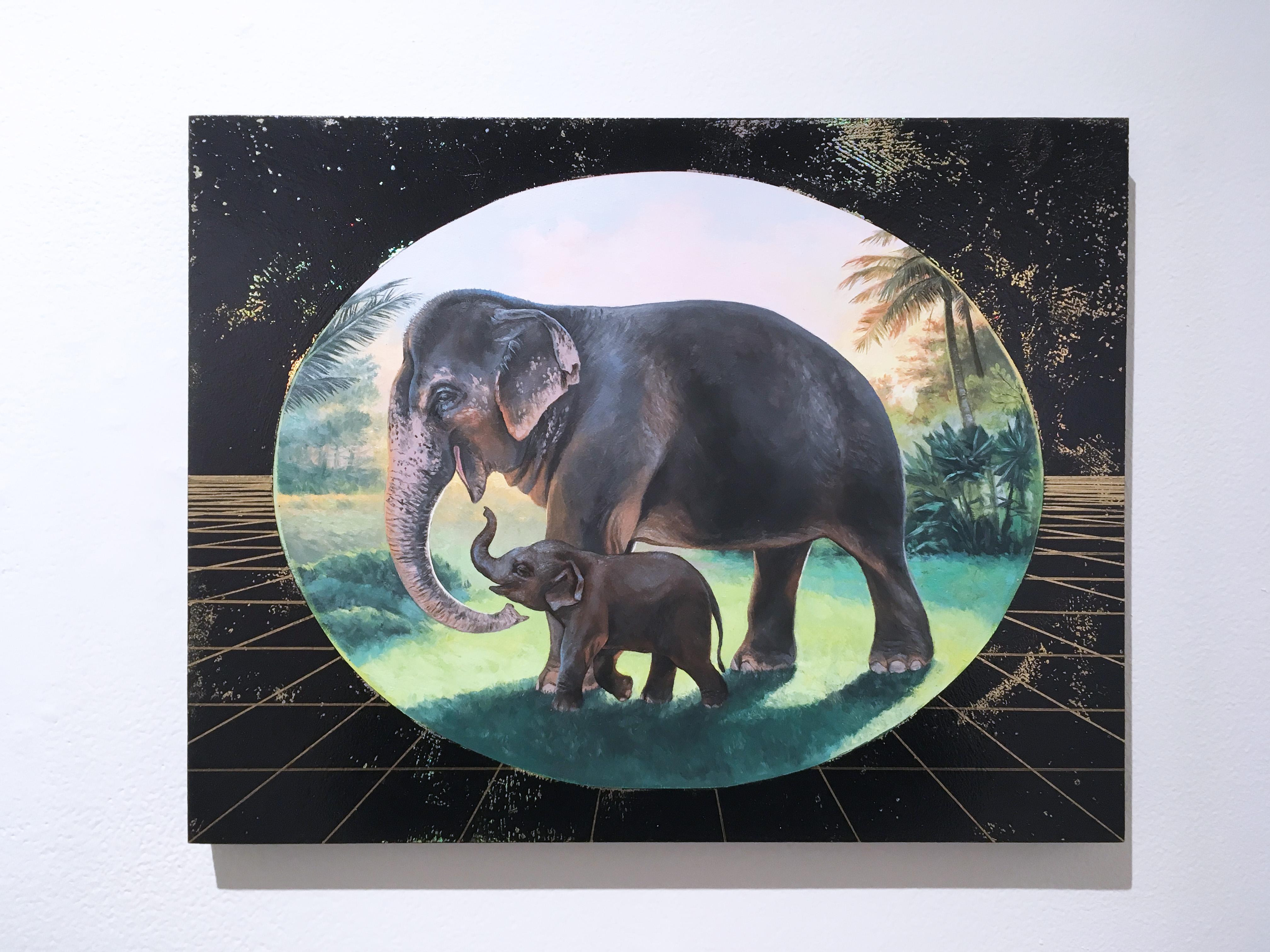 Gentle Mother, oil, metallic foil, green, trees, elephants, animals, landscape - Painting by Alexis Kandra