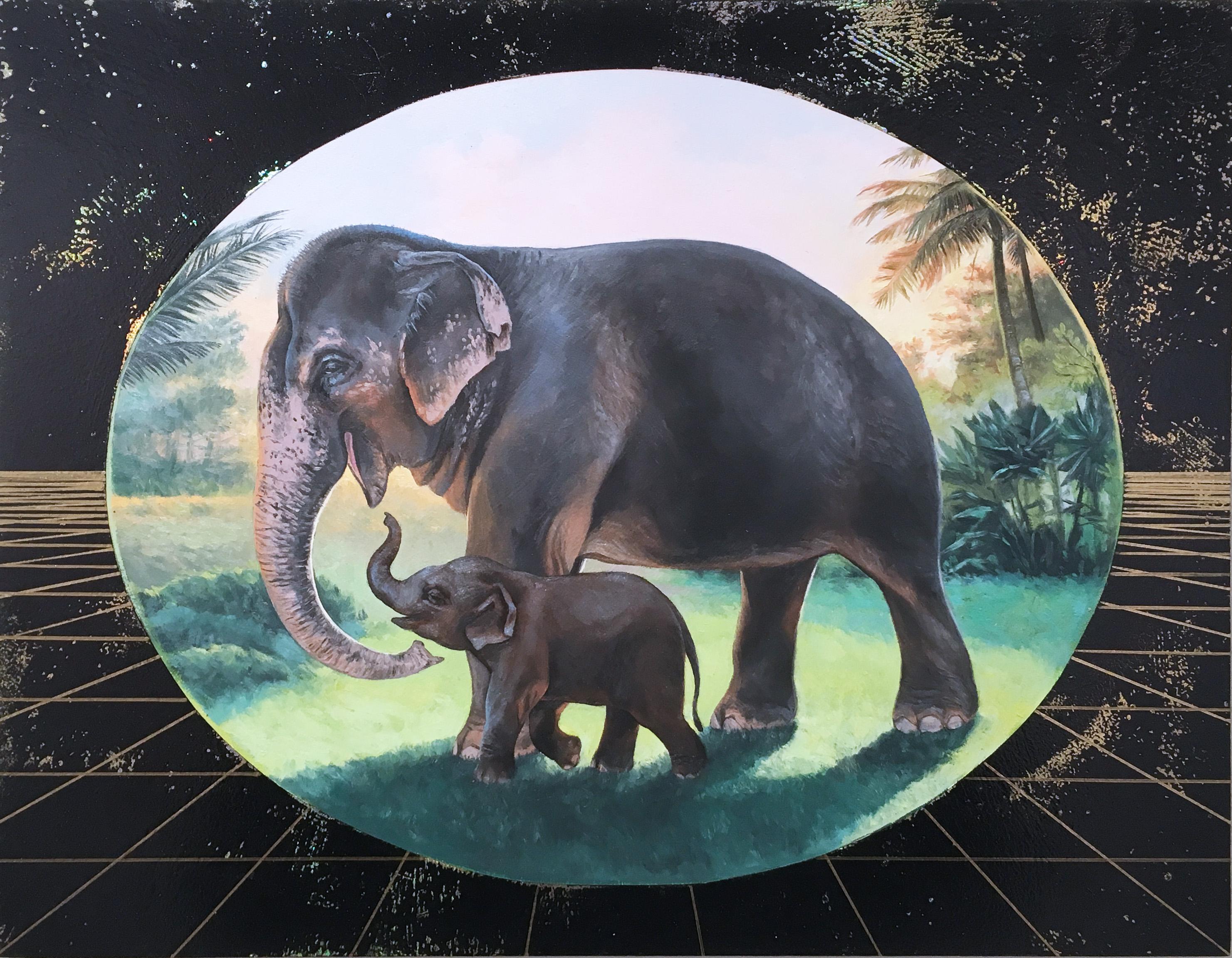 Gentle Mother, oil, metallic foil, green, trees, elephants, animals, landscape