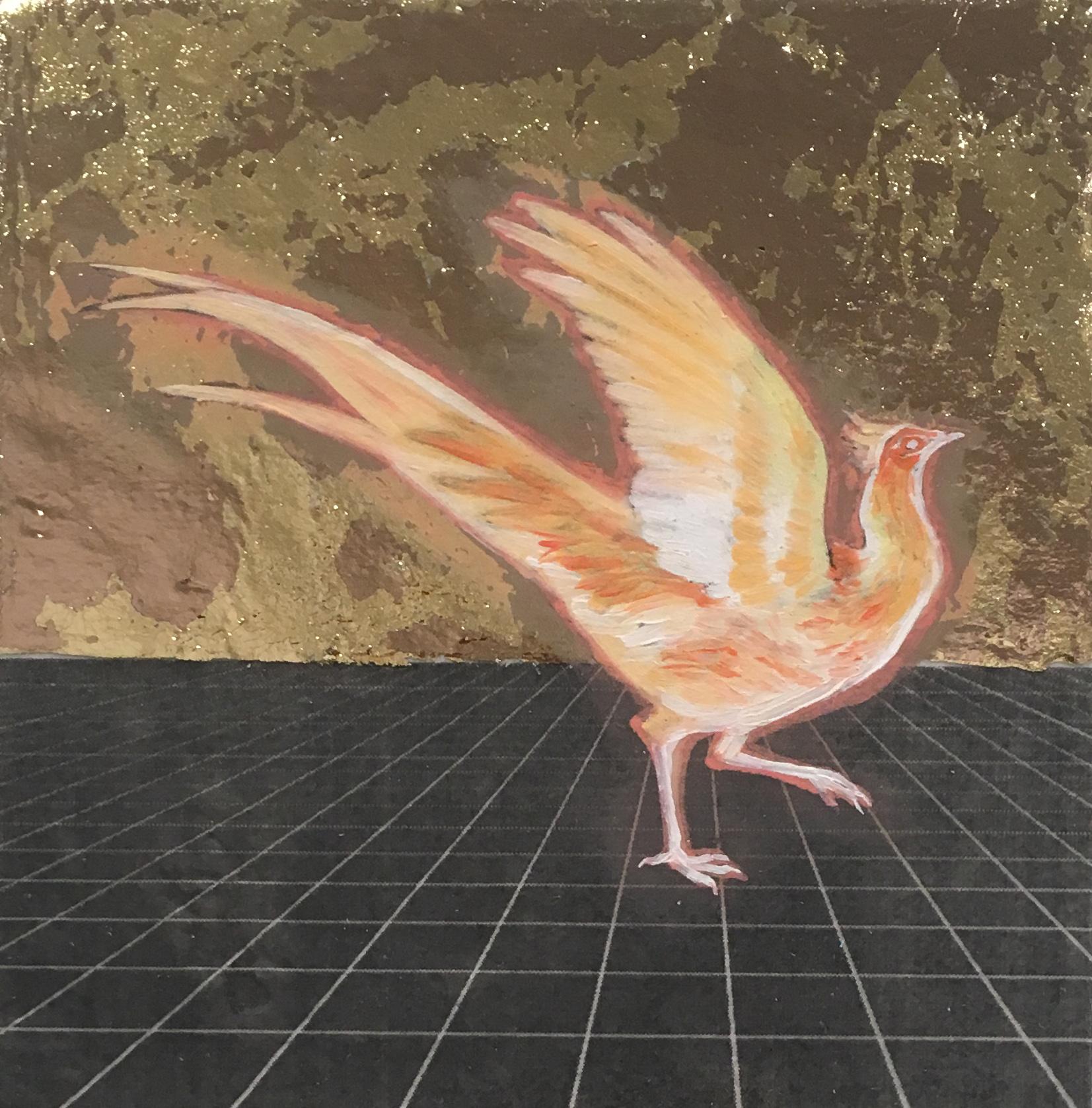 Alexis Kandra Animal Painting - Golden Firebird, oil, metal foil, on wood, mythical creature, figurative, animal