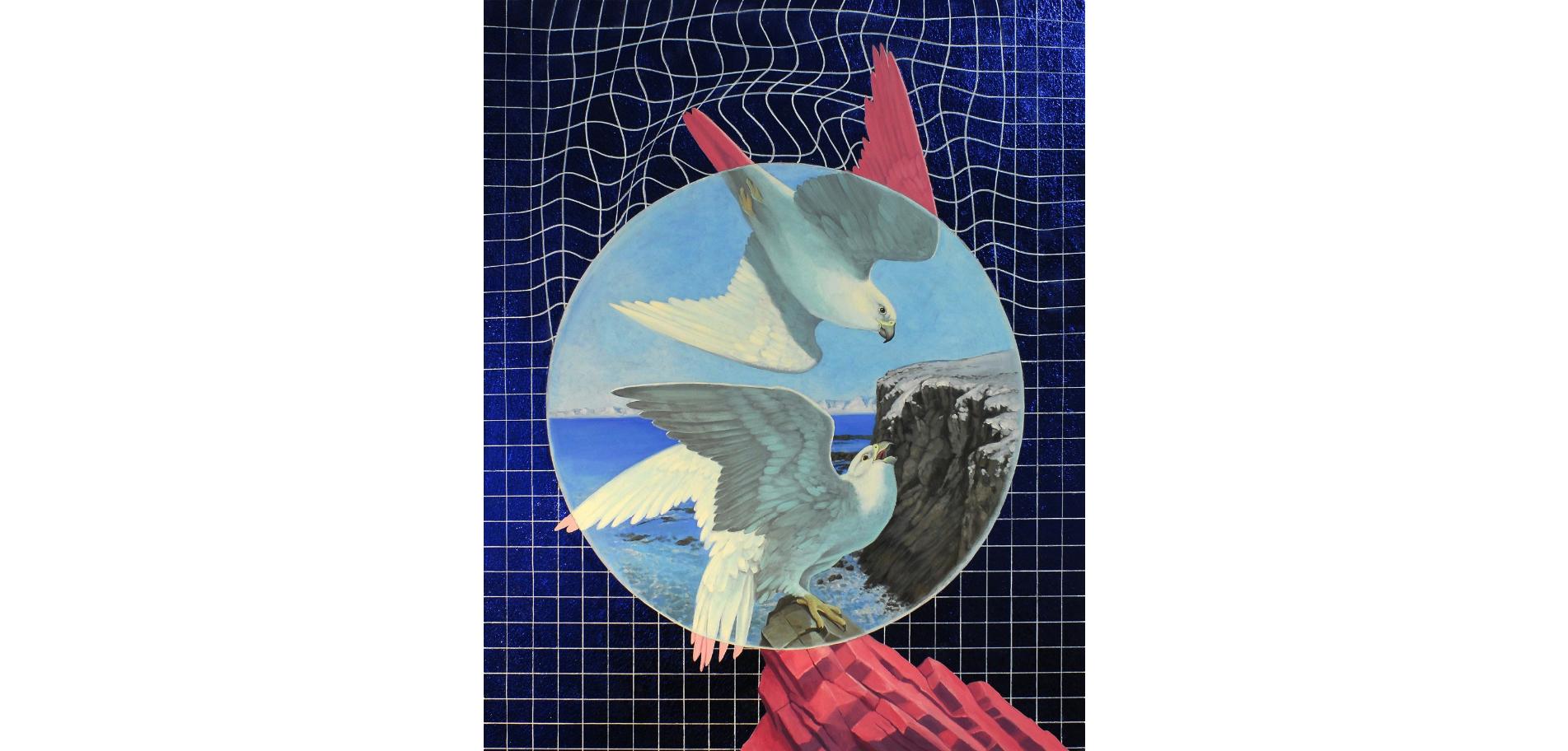 Gyr Falcons (2019) Oil & metal leaf on panel, wildlife birds landscape skyscape - Black Landscape Painting by Alexis Kandra