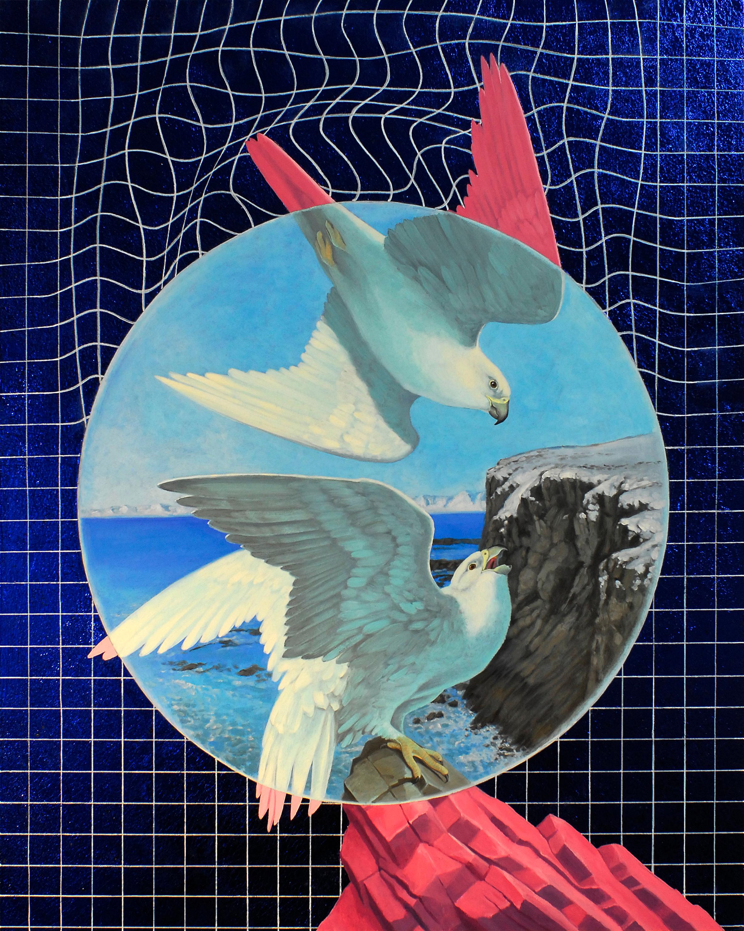 Gyr Falcons (2019) Huile et feuille de métal sur panneau, paysage d'oiseaux sauvages et de ciel