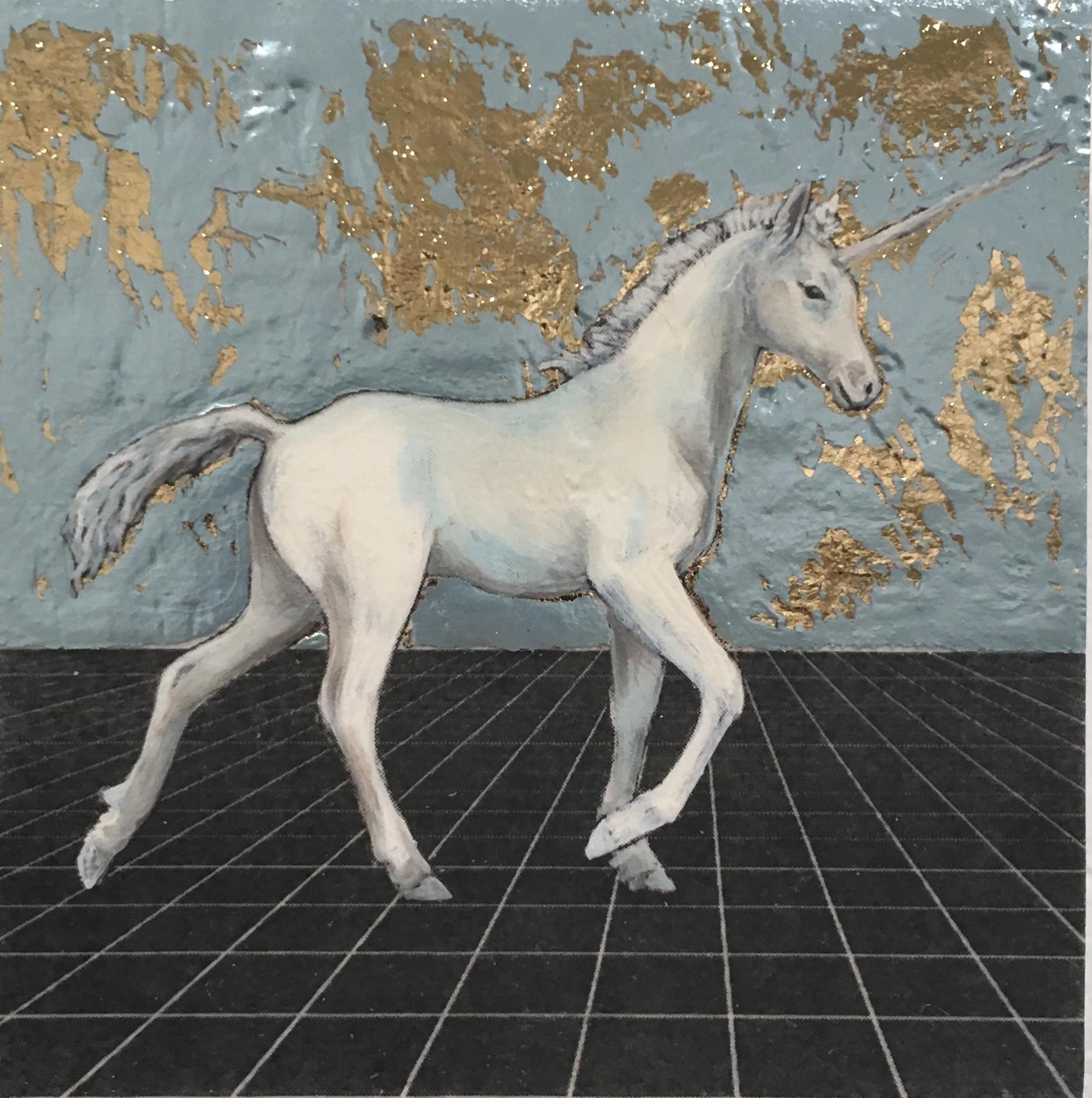 Last Unicorn, oil, metal foil, on wood, mythical creature, figurative, animal 1