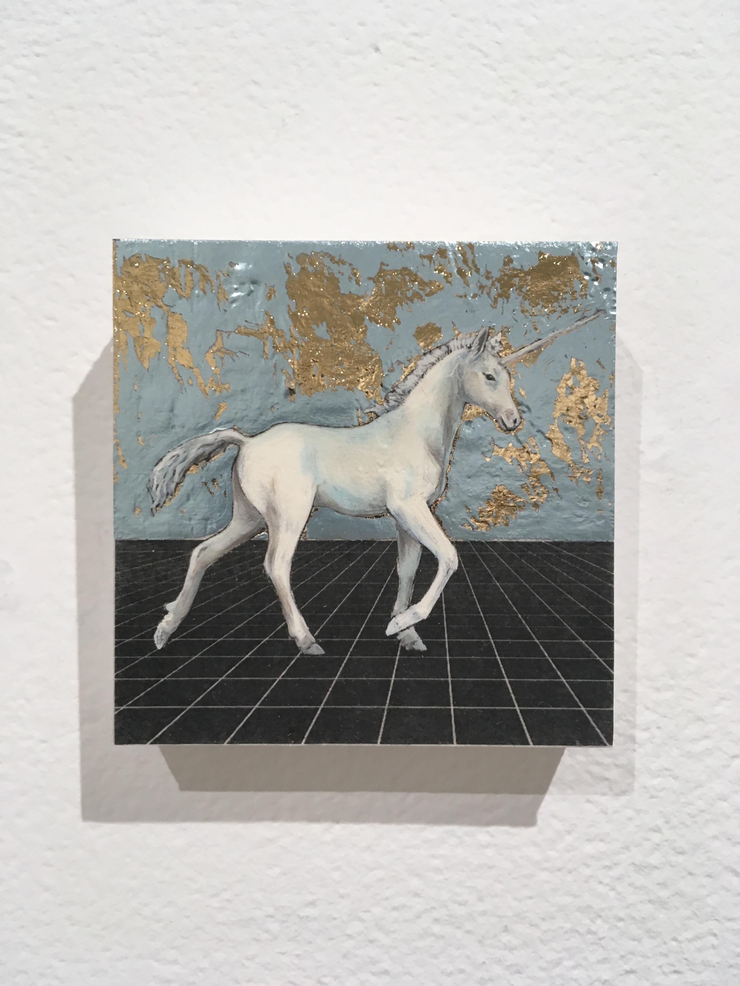 Last Unicorn, oil, metal foil, on wood, mythical creature, figurative, animal - Mixed Media Art by Alexis Kandra