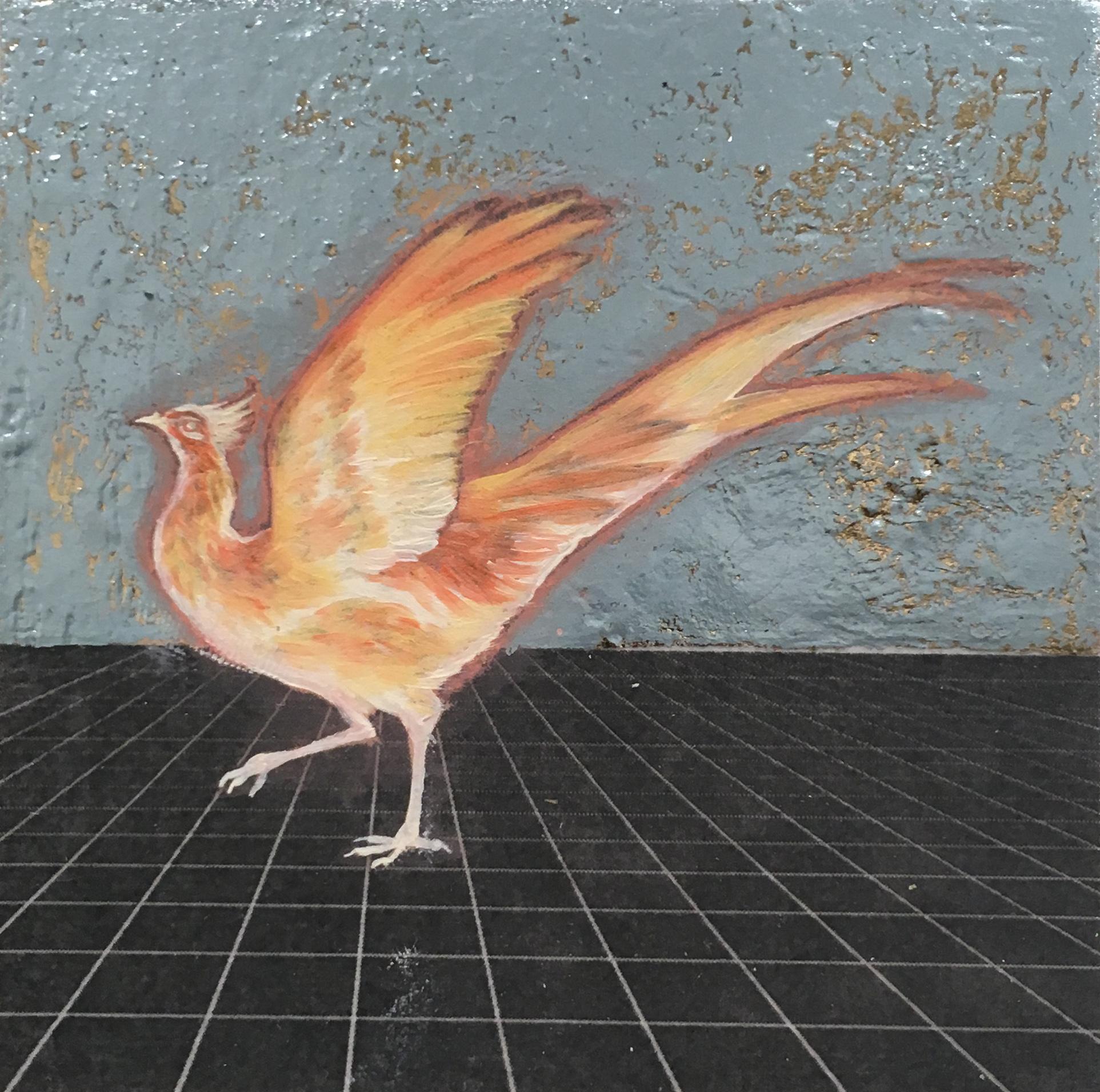 Magical Firebird, oil, metal foil, wood, mythical creature, figurative, animal - Mixed Media Art by Alexis Kandra