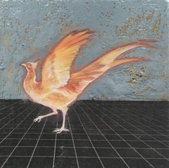 Magical Firebird, oil, metal foil, wood, mythical creature, figurative, animal