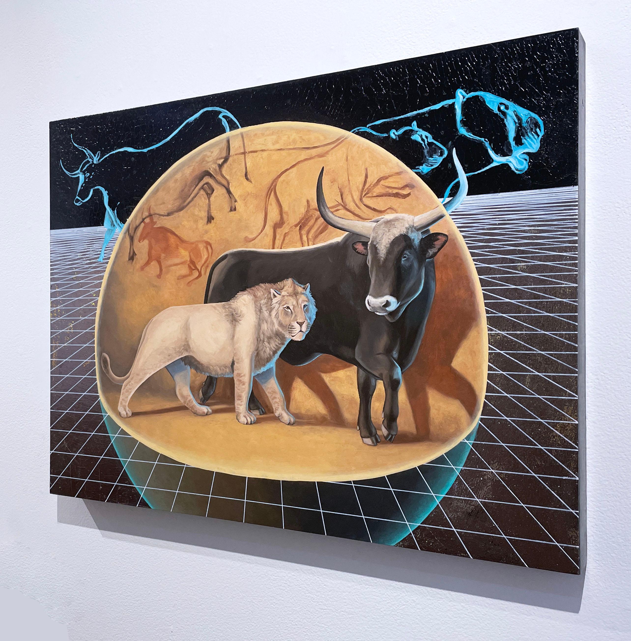 Mark Making (2019) óleo sobre tabla, arte de la naturaleza, paisaje salvaje, animales de las cavernas, arte rupestre, arte prehistórico, tonos tierra

