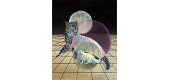 Moon Cat (2017) Oil & metallic foil on panel, tiger and cat, black, silver, pink