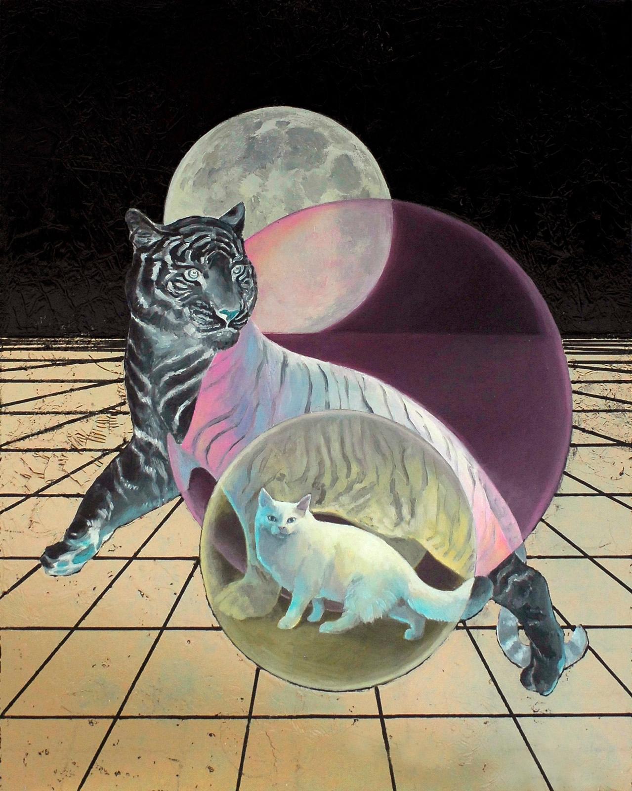 Gato lunar (2017) Óleo y lámina metálica sobre tabla, tigre y gato, negro, plata, rosa