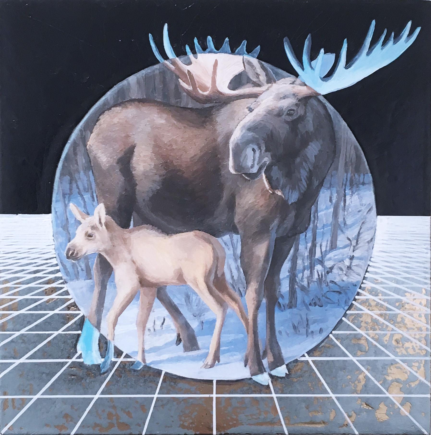 Alexis Kandra Animal Painting - Moose, gold, oil, metallic foil, blue, trees, animals, landscape, grid