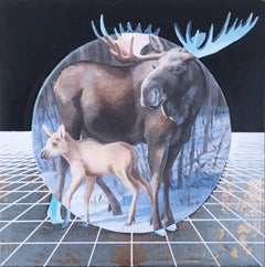 Alce, oro, óleo, lámina metálica, azul, árboles, animales, paisaje, cuadrícula