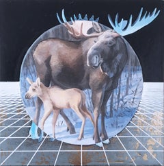 Moose, or, huile, feuille métallique, bleu, arbres, animaux, paysage, grille