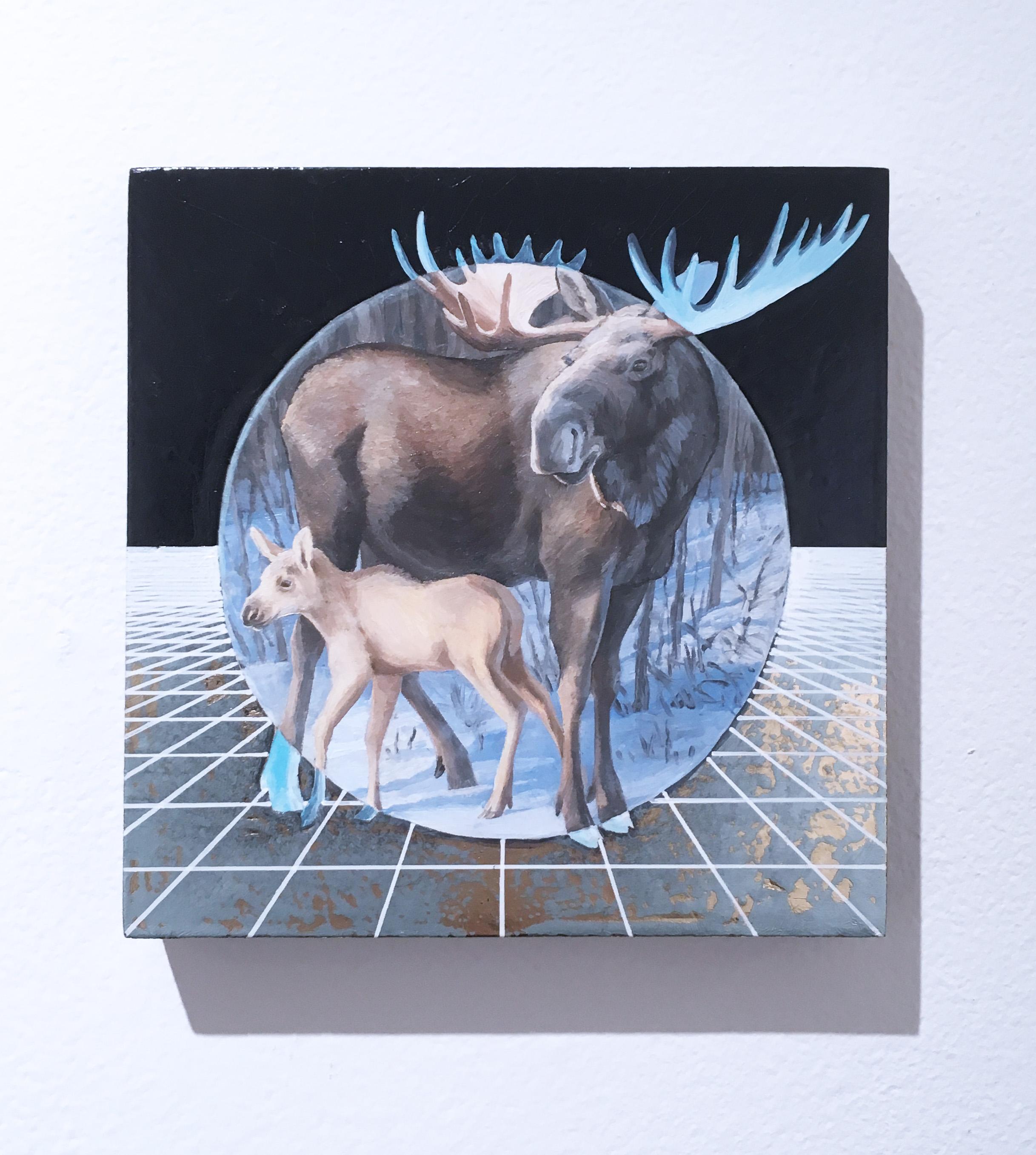 Moose, gold, oil, metallic foil, blue, trees, animals, landscape, grid - Painting by Alexis Kandra