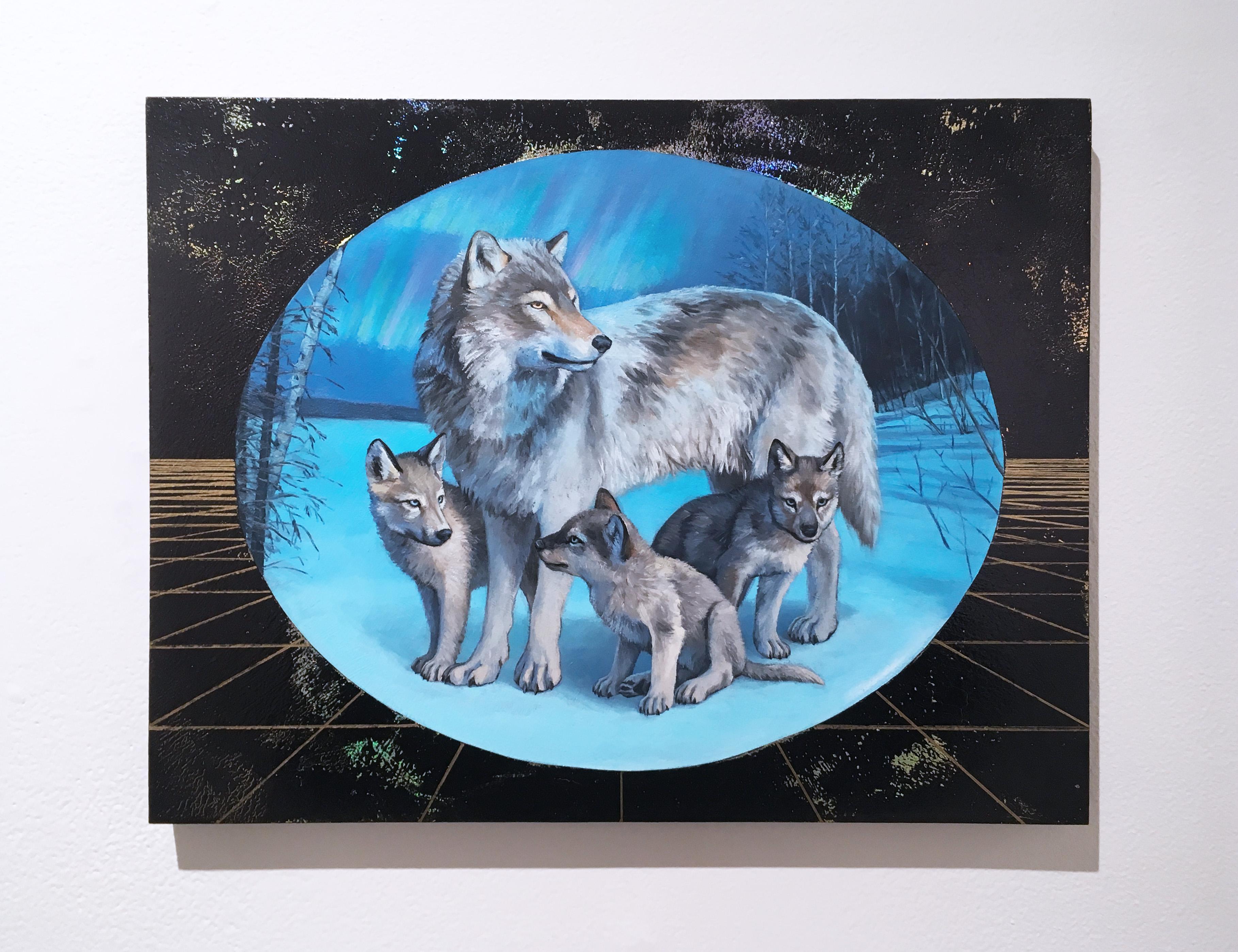 Morning Star, oil, metallic foil, wolf, painting, figurative, animals, landscape - Painting by Alexis Kandra