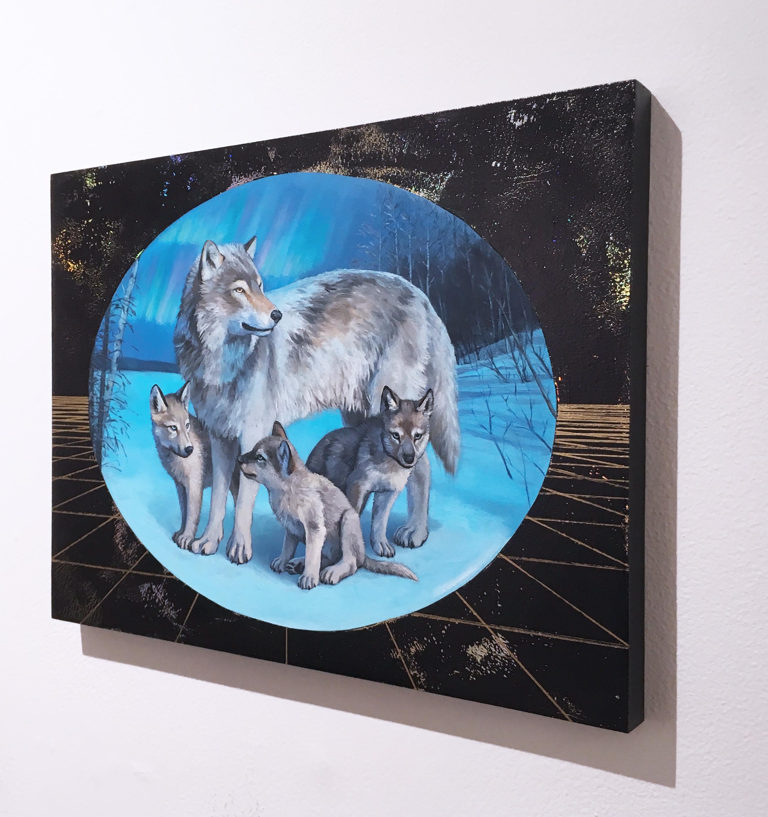 Morning Star, Öl, Metallfolie, Wolf, Gemälde, figurativ, Tiere, Landschaft (Zeitgenössisch), Painting, von Alexis Kandra