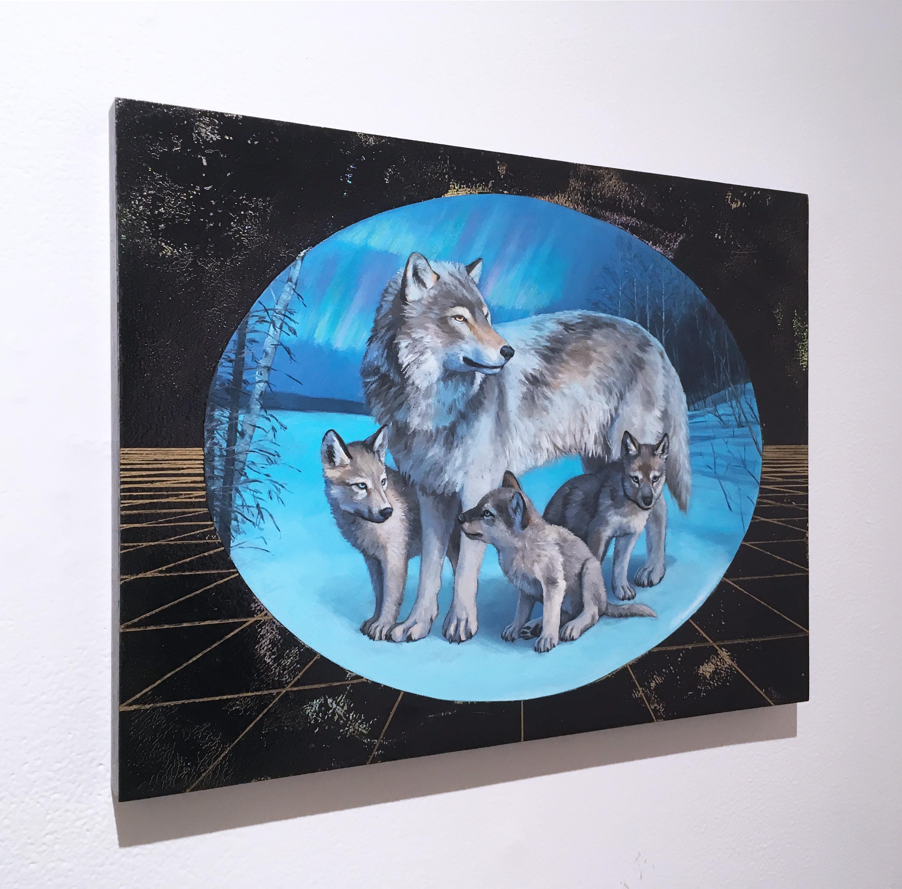 Morning Star, Öl, Metallfolie, Wolf, Gemälde, figurativ, Tiere, Landschaft (Schwarz), Landscape Painting, von Alexis Kandra