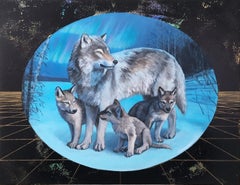 Morning Star, oil, metallic foil, wolf, painting, figurative, animals, landscape