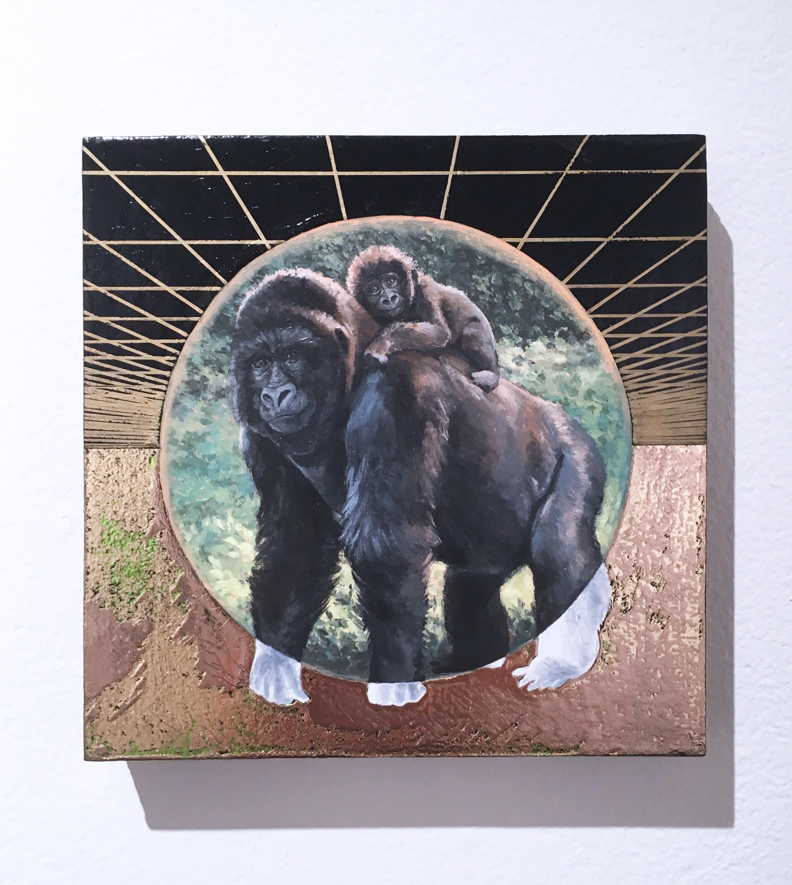 Mountain Gorilla, gold, oil, metallic foil, green, trees, animals, landscape - Painting by Alexis Kandra