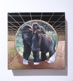 Mountain Gorilla, gold, oil, metallic foil, green, trees, animals, landscape