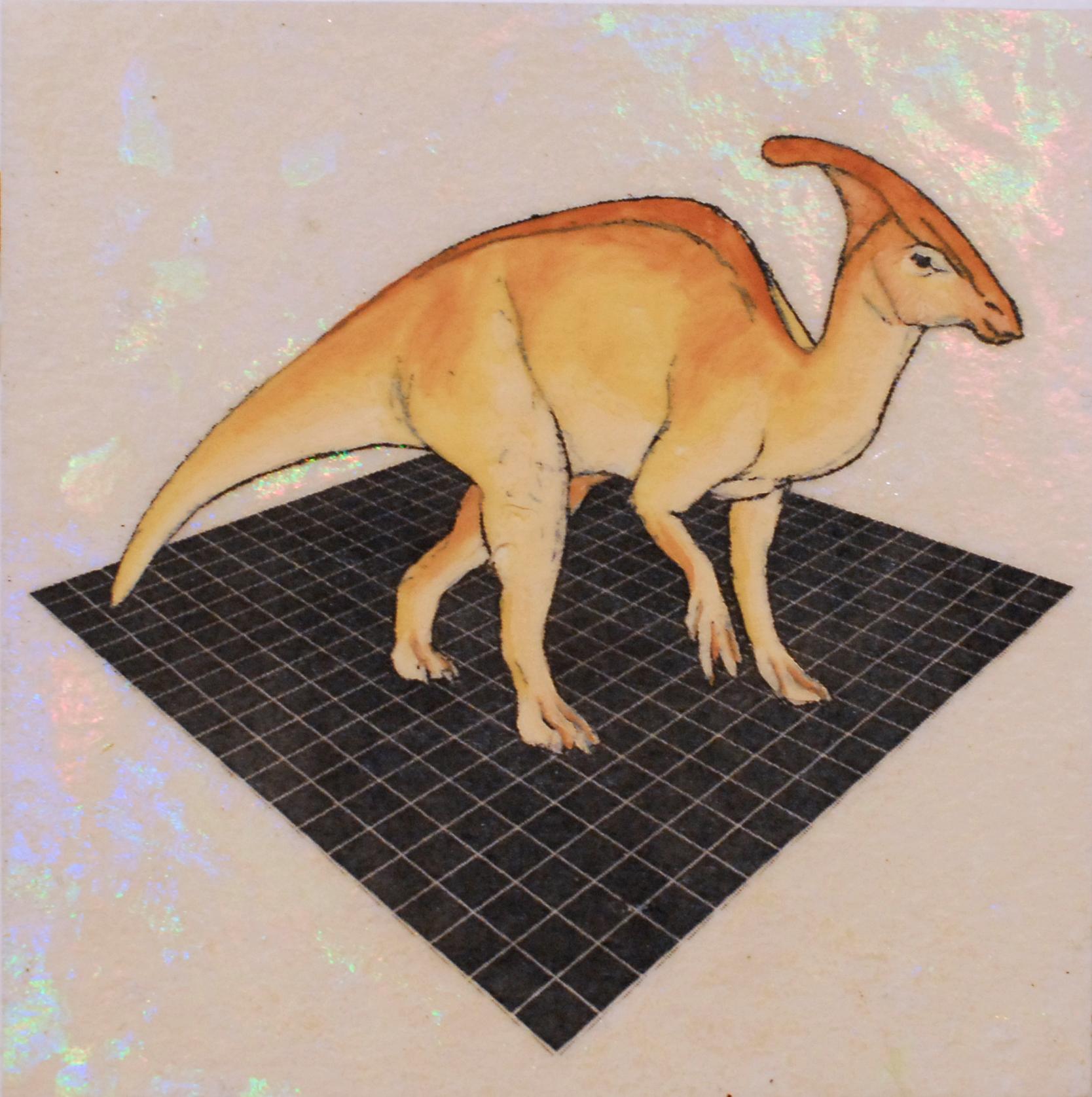 Orange Parasaurolophus, 2019; dinosaur, miniature oil painting on wood panel