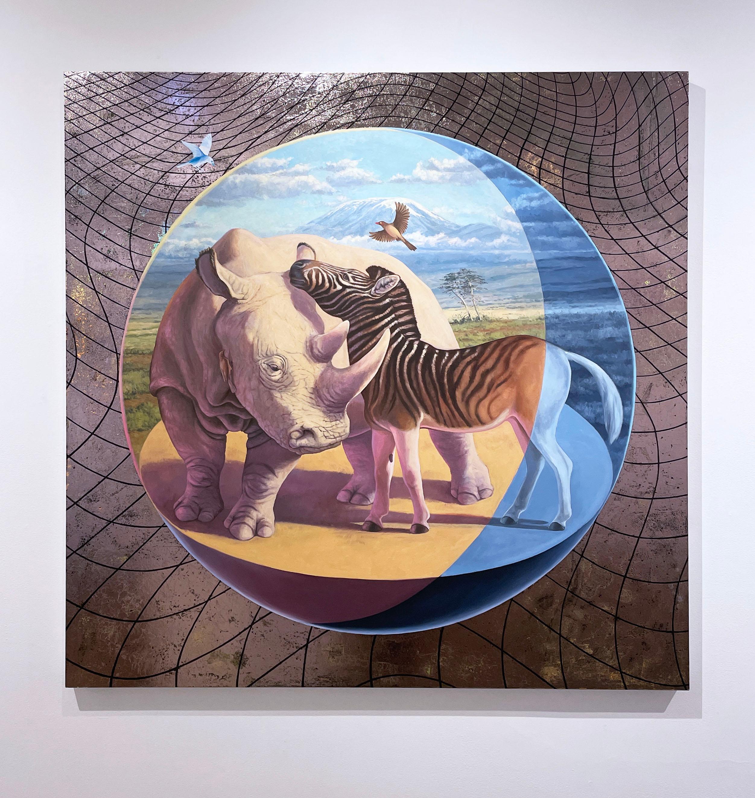 Quagga's Secret (2019) oil on panel, nature, wildlife landscape, Africa, rhino - Painting by Alexis Kandra