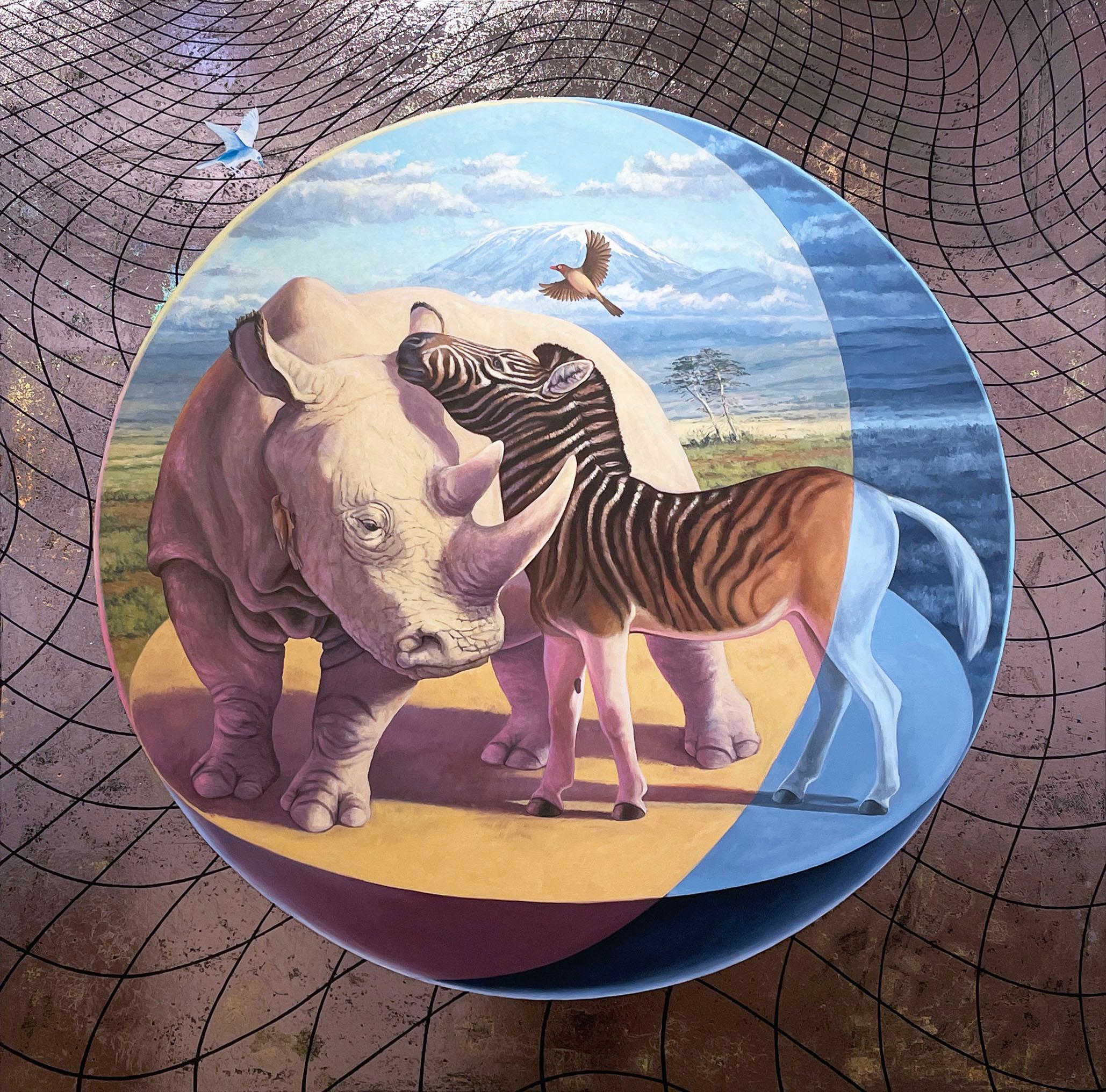 Quagga's Secret (2019) oil on panel, nature, wildlife landscape, Africa, rhino