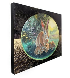 Quiet Light, óleo, verde, dorado, negro, figurativo, conejitos, animales, paisaje