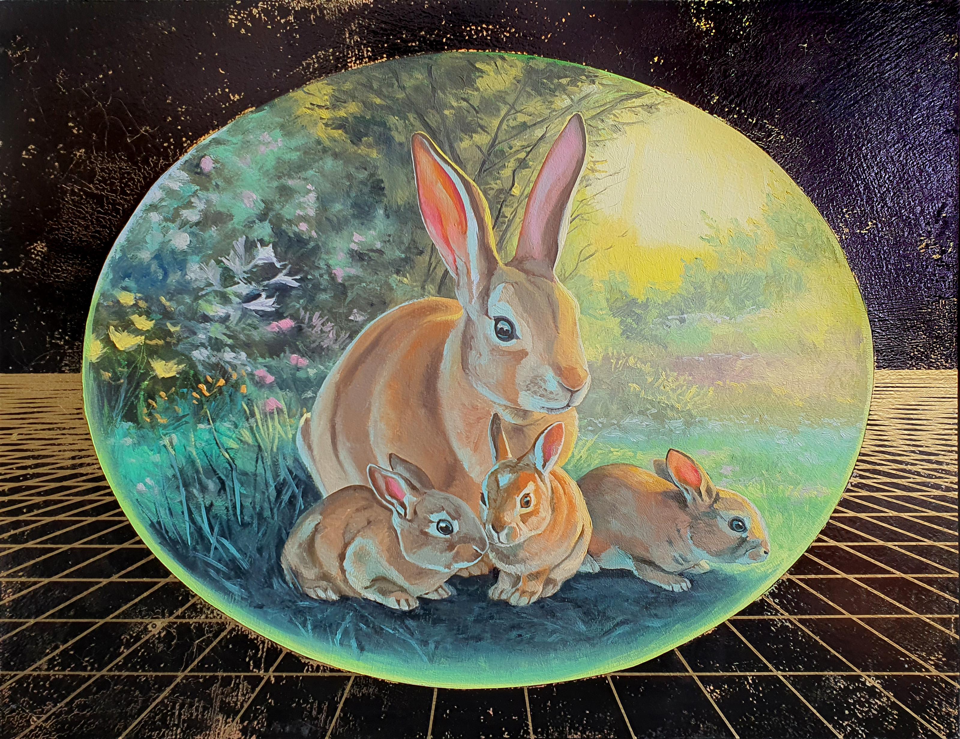 Alexis Kandra Animal Painting - Quiet Light, oil, green, gold, black, figurative, bunnies, animals, landscape