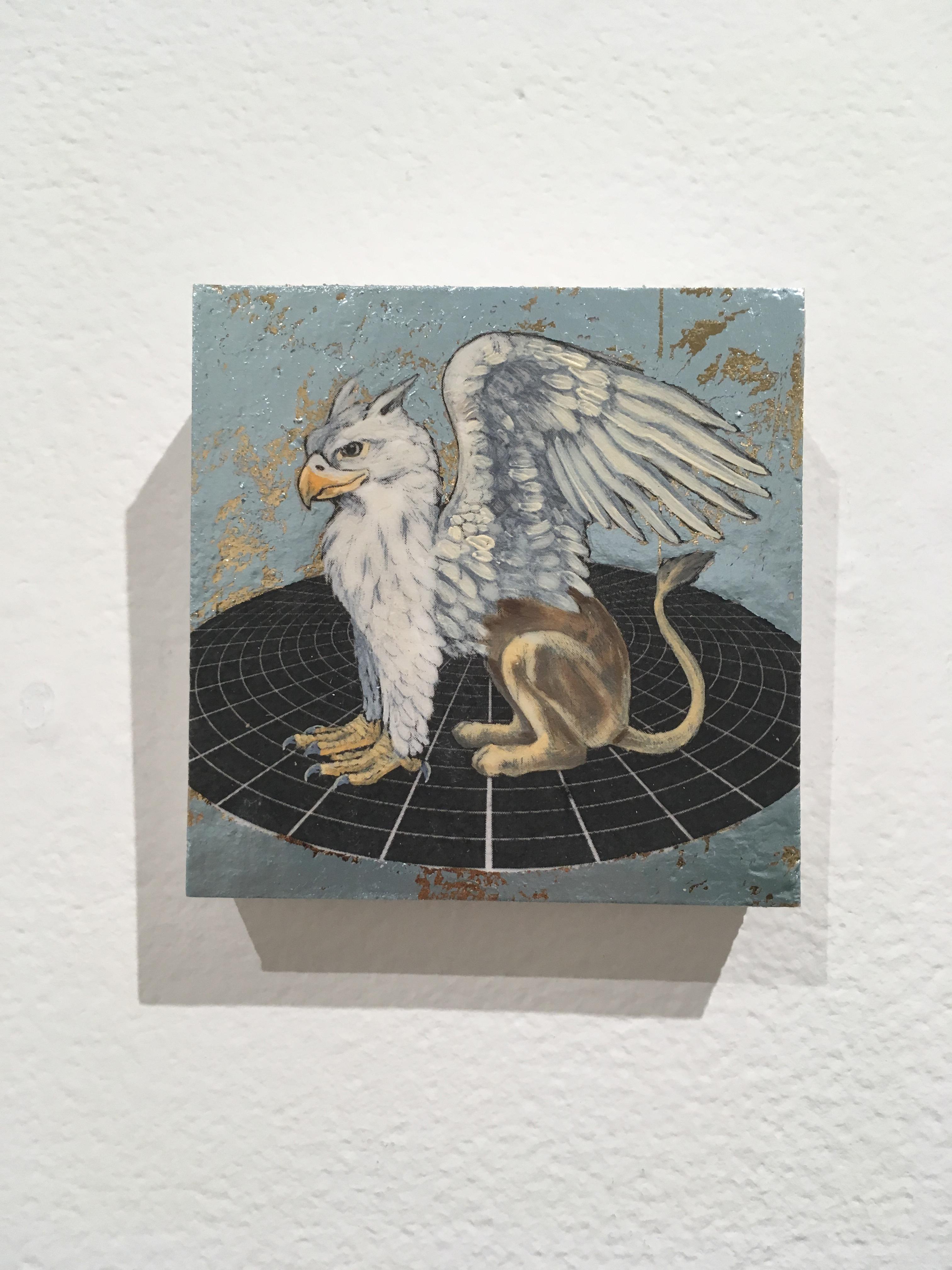 Alexis Kandra Animal Painting - Royal Griffin, oil, metal foil, on wood, mythical creature, figurative, animal 