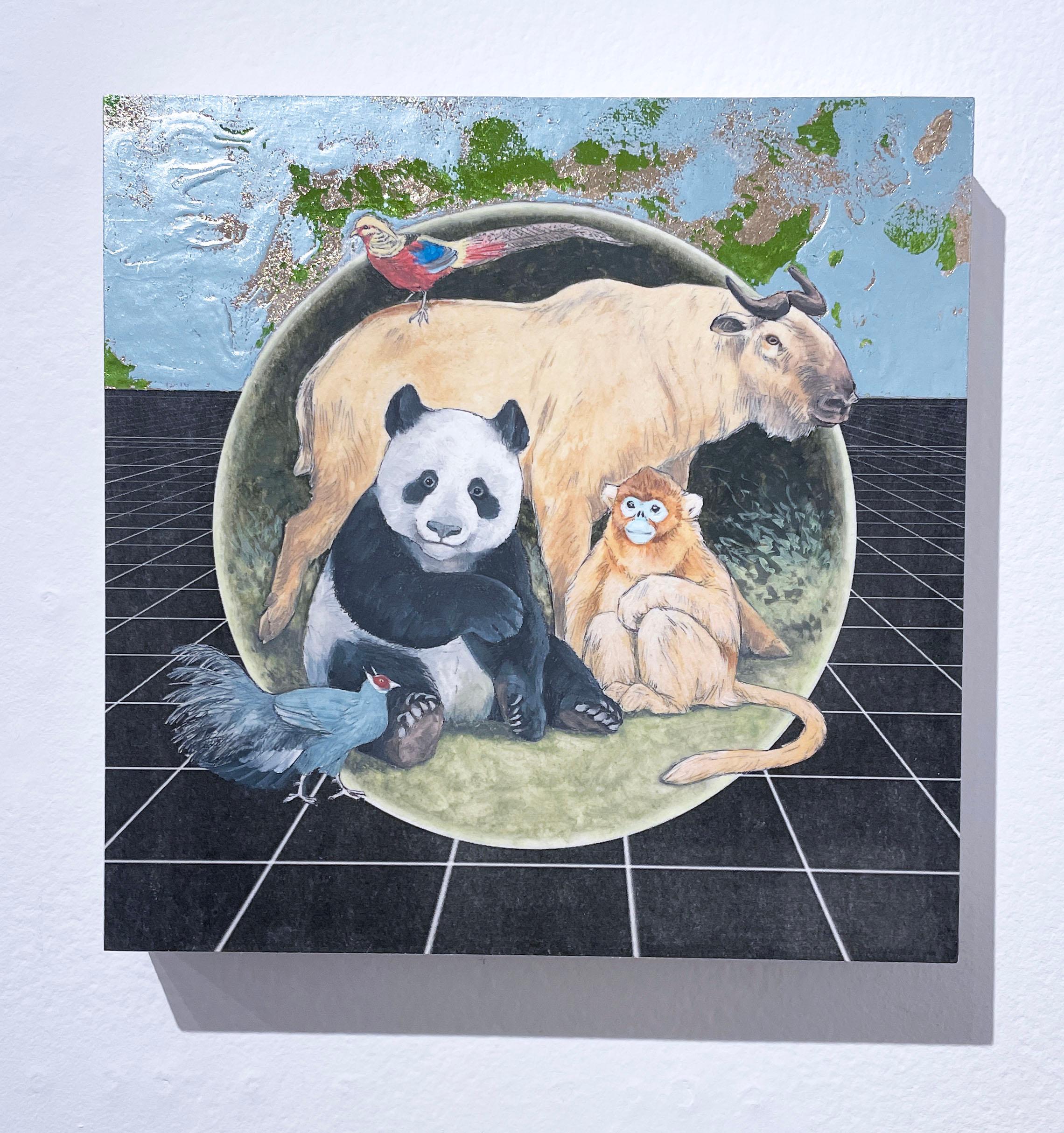 Sichuan Forest (2019), oil painting, ecosystem, animals, panda, monkey, fauna - Painting by Alexis Kandra