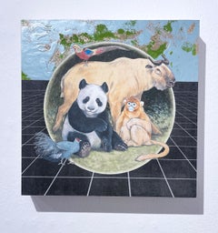 Bosque de Sichuan (2019), pintura al óleo, ecosistema, animales, panda, mono, fauna