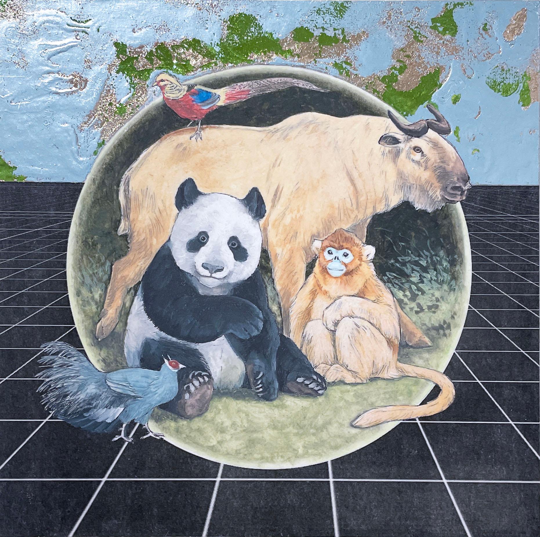 Sichuan Forest (2019), Ölgemälde, Ökosystem, Tiere, Panda, Affe, Fauna (Grau), Figurative Painting, von Alexis Kandra