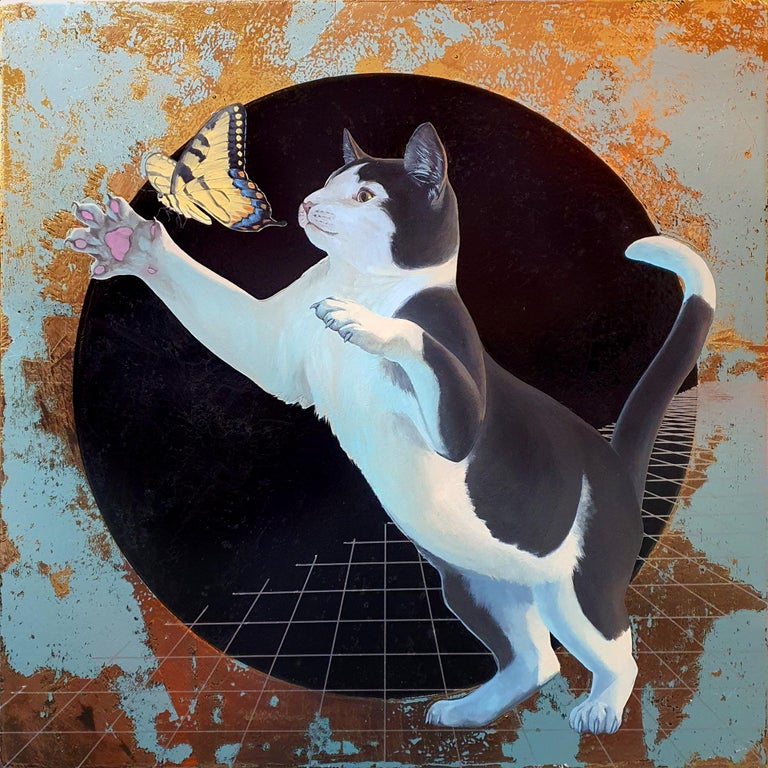 Alexis Kandra Animal Painting - Tiger Swallowtail, oil & metallic on panel, figurative, cat and yellow butterfly