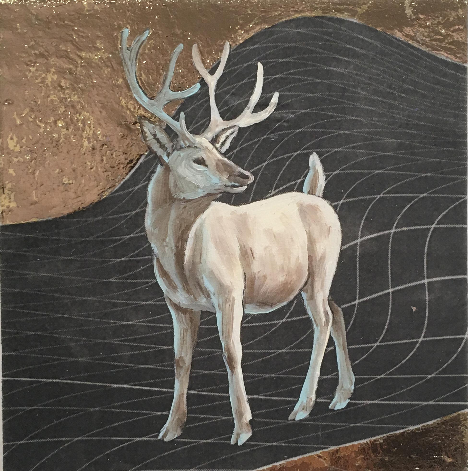 Winter Stag, oil, metal foil, on wood, creature, figurative, animal, antlers - Painting by Alexis Kandra