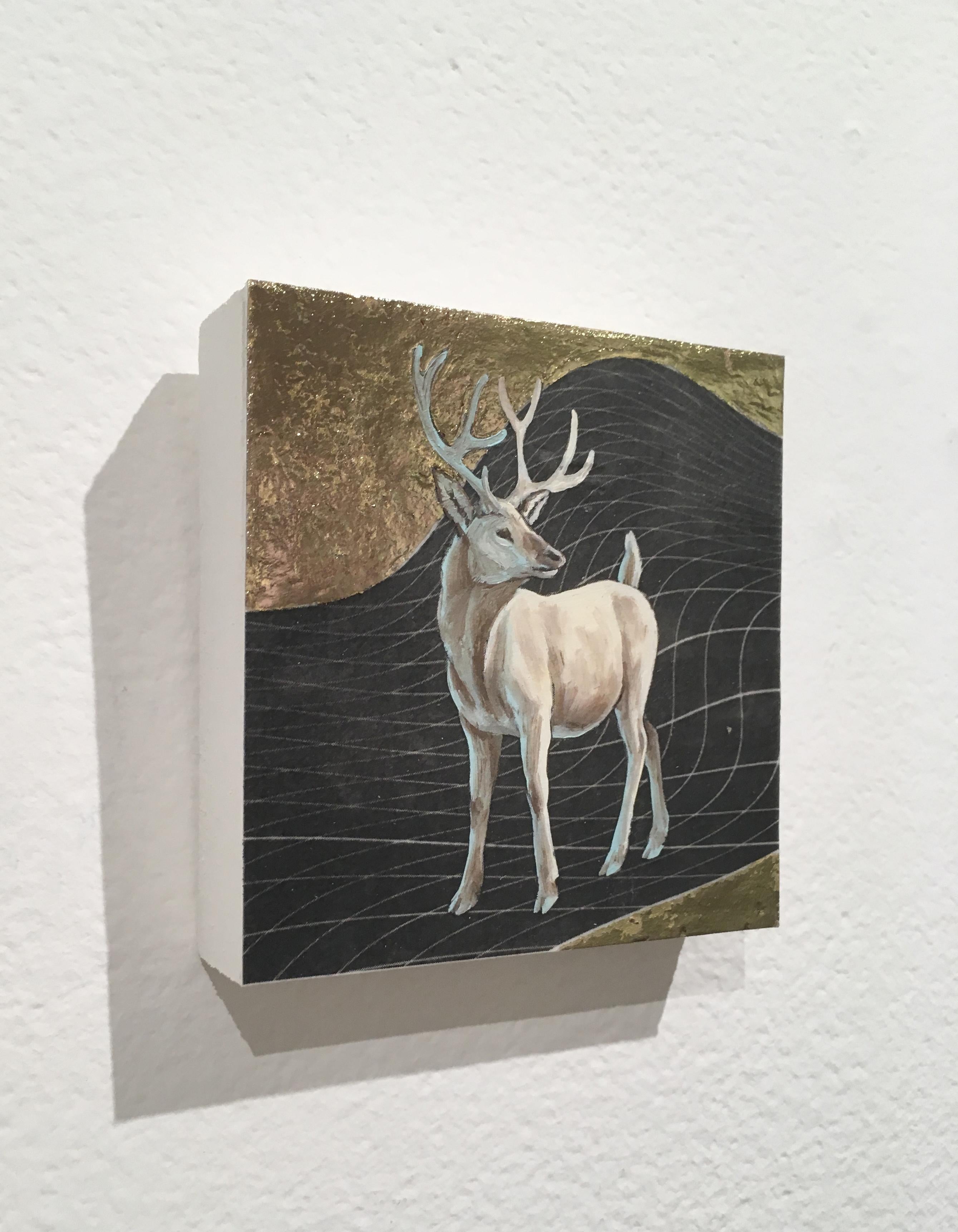 Winter Stag, oil, metal foil, on wood, creature, figurative, animal, antlers - Contemporary Painting by Alexis Kandra
