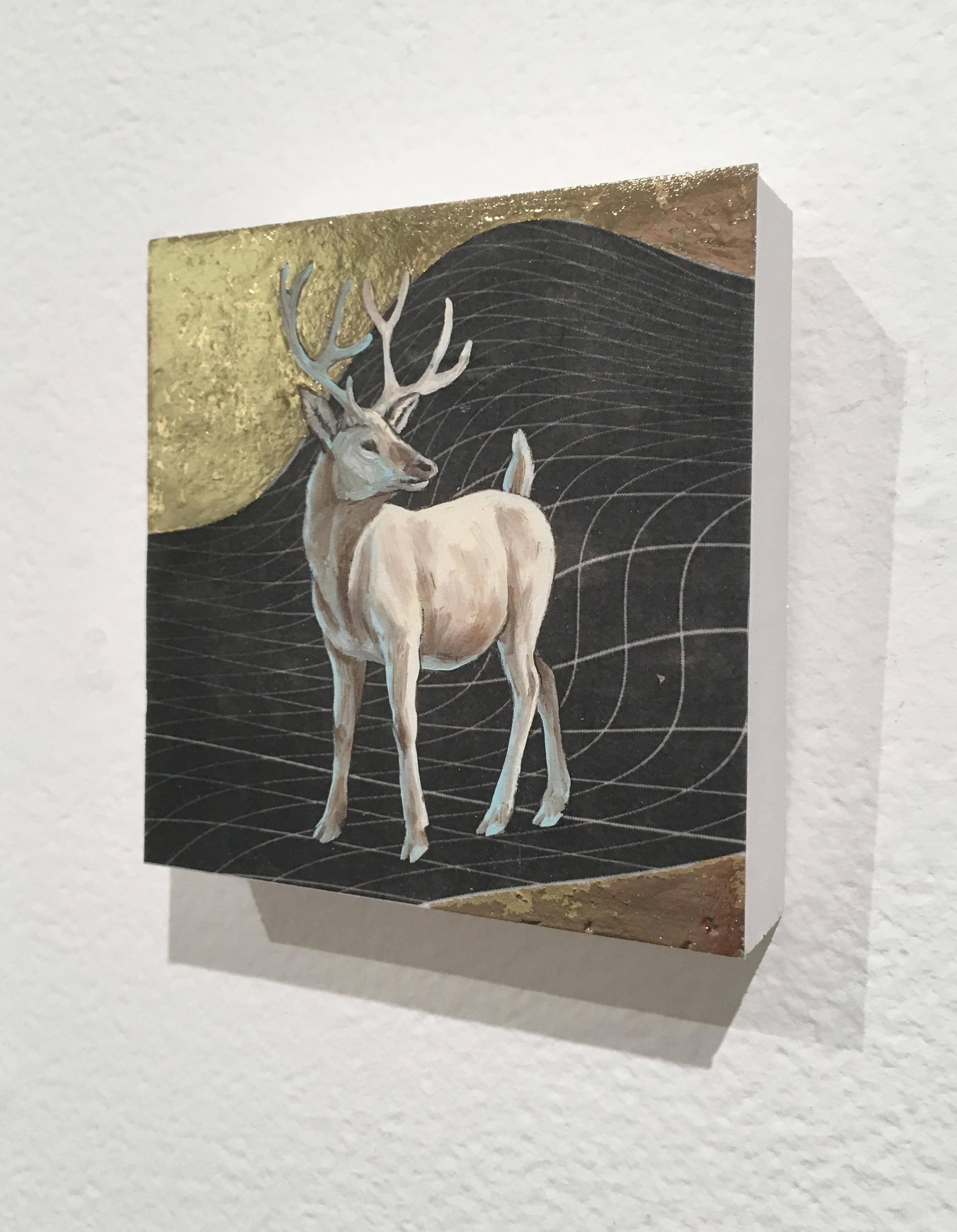 Winter Stag, oil, metal foil, on wood, creature, figurative, animal, antlers - Brown Animal Painting by Alexis Kandra