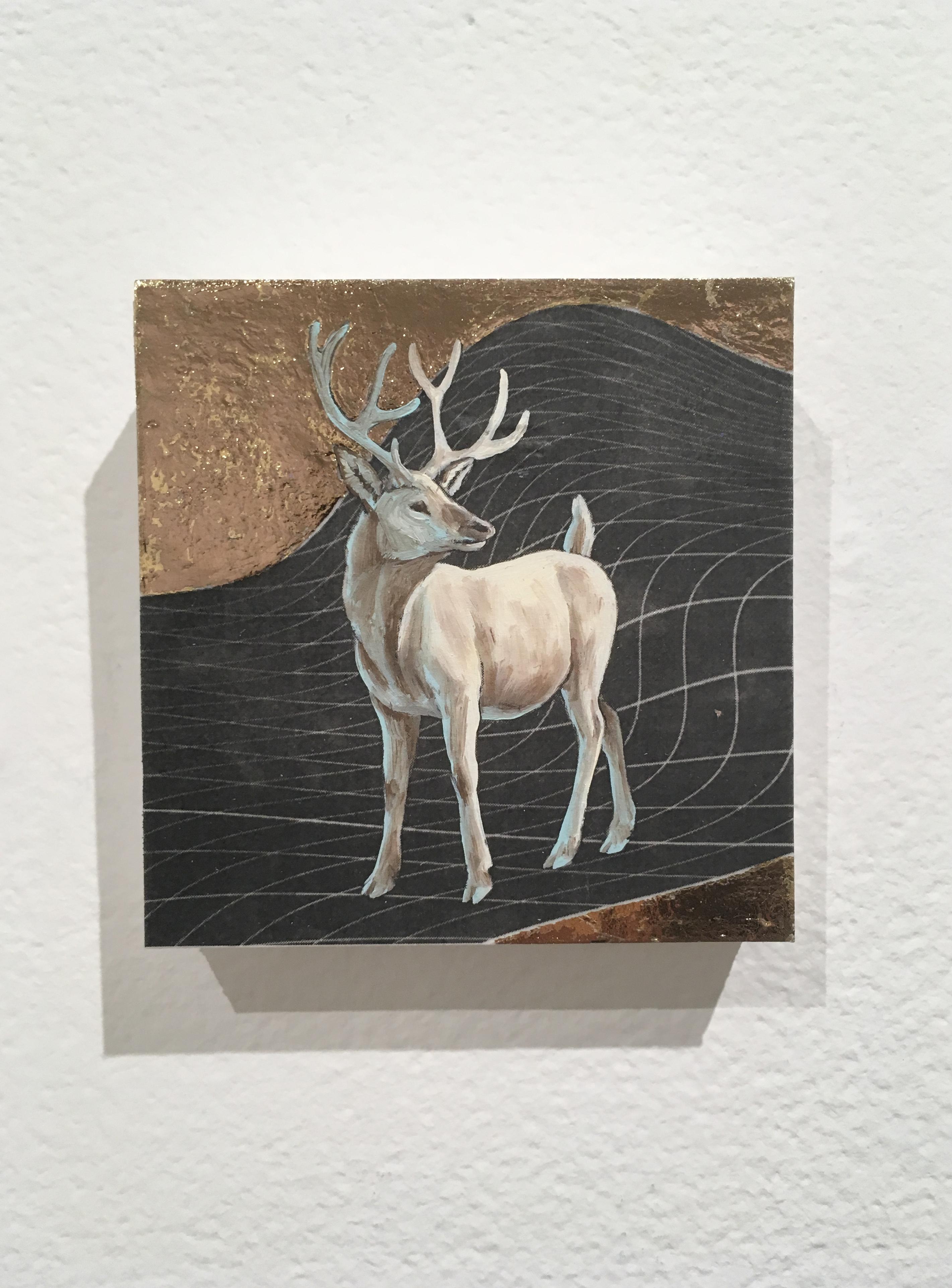 Alexis Kandra Animal Painting - Winter Stag, oil, metal foil, on wood, creature, figurative, animal, antlers