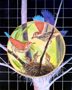 Zorzal común (2019) óleo sobre tabla, naturaleza, aves silvestres, árbol, nido, ramas