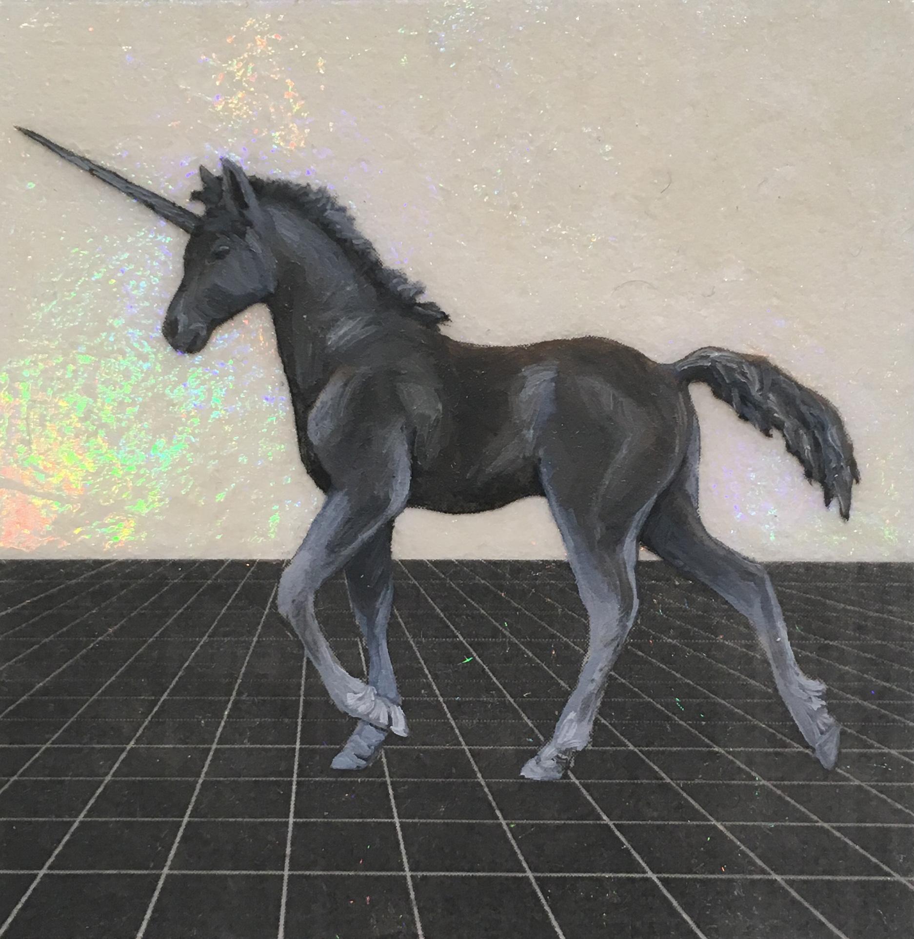 Young Unicorn, oil, holographic foil, mythical creature, figurative, animal - Painting by Alexis Kandra