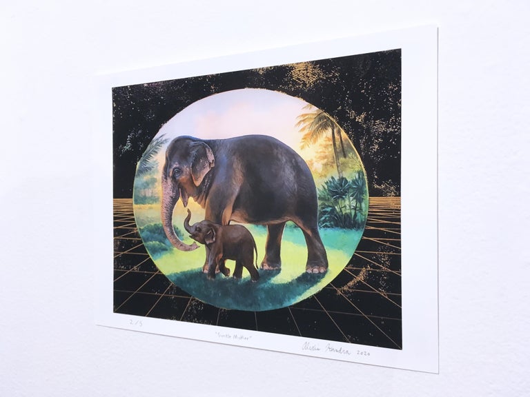 Gentle Mother, landscape, elephant and calf, wildlife, gold, green, trees, print - Gray Landscape Print by Alexis Kandra
