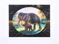 Gentle Mother, landscape, elephant and calf, wildlife, gold, green, trees, print