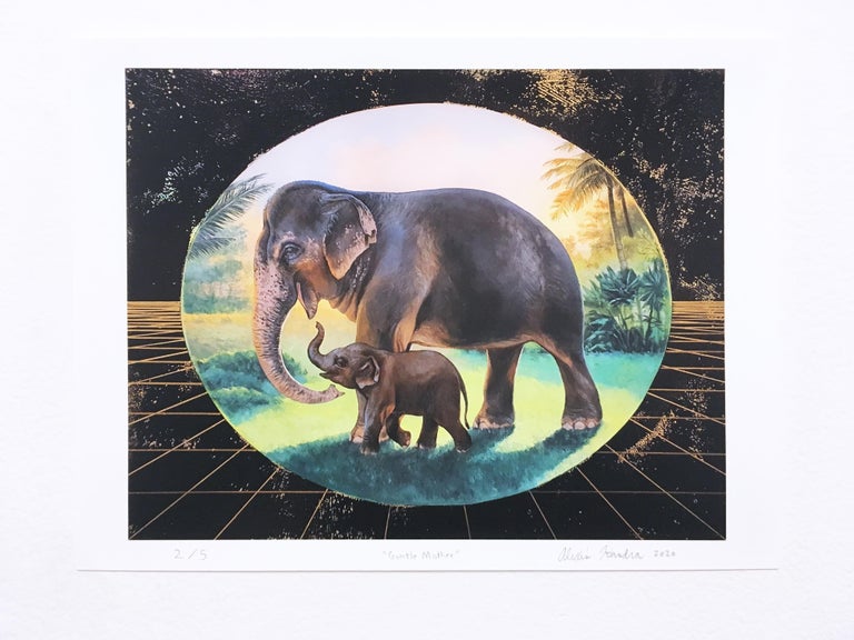 Alexis Kandra Landscape Print - Gentle Mother, landscape, elephant and calf, wildlife, gold, green, trees, print