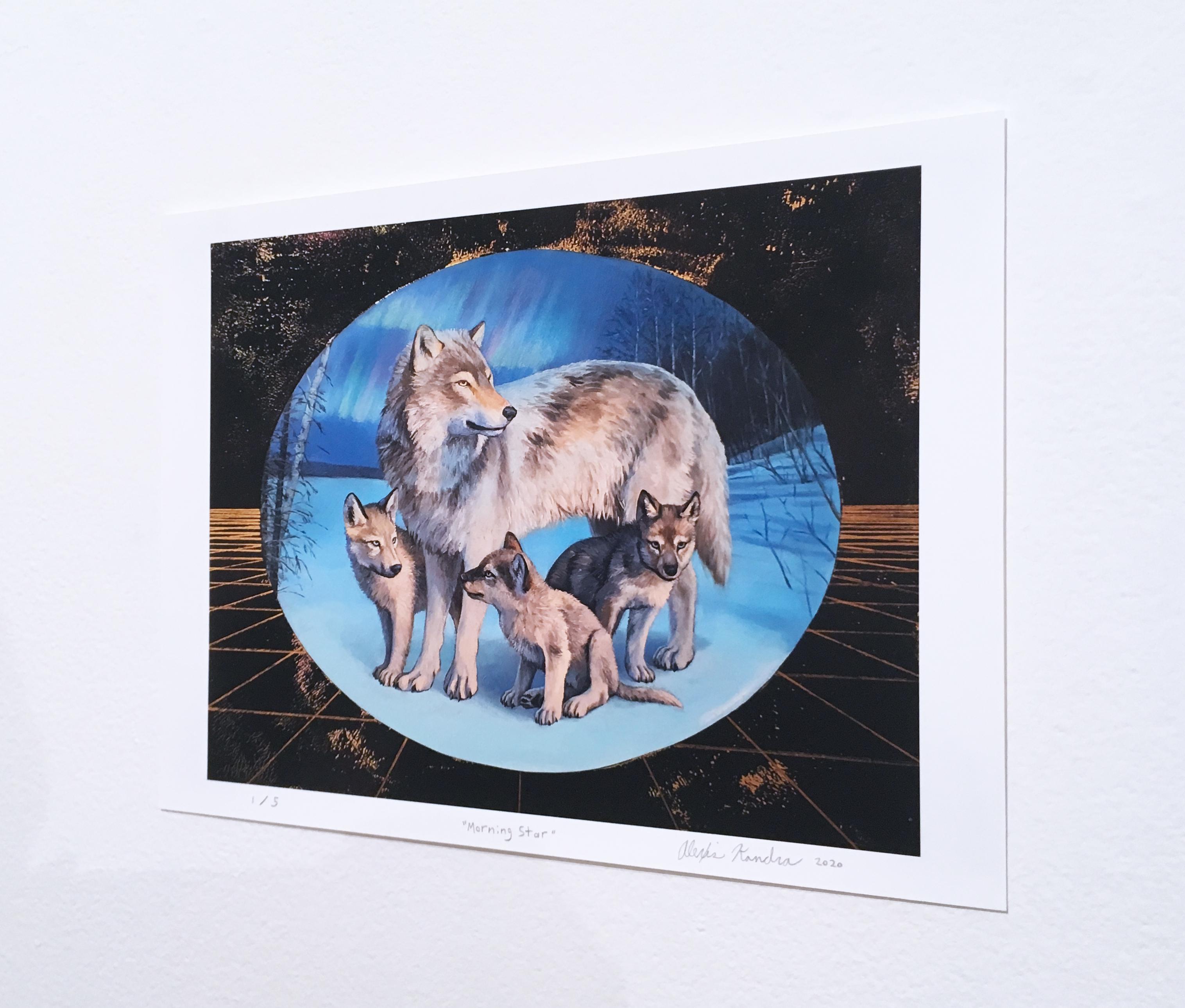 Morning Star, landscape, skyscape, mother wolf, cubs, wildlife, gold, blue print - Print by Alexis Kandra